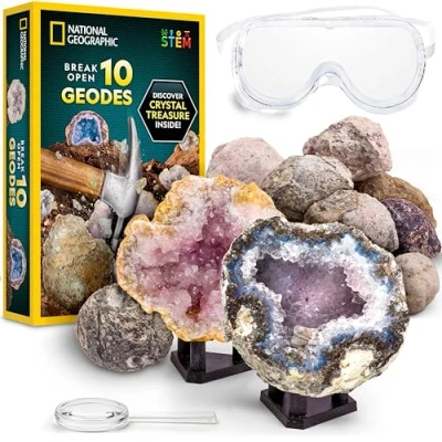 Image of Blue Marble NATIONAL GEOGRAPHIC Break Open 10 Premium Geodes Includes Goggles &amp; Display Stands STEM Science Kit, Geology Gift for Kids, Your Own
