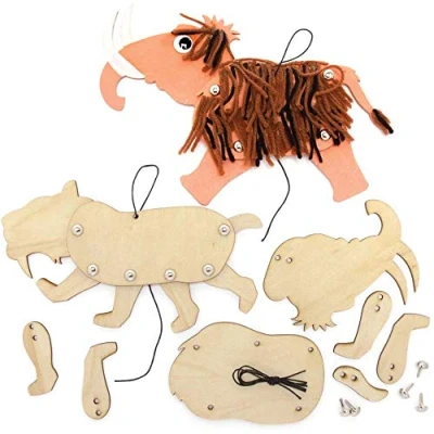 Image of Baker Ross FE466 Mammoth &amp; Saber Tooth Tiger Wooden Puppets Pack of 4, Build Your Own Puppets, for Kids, Model Kit