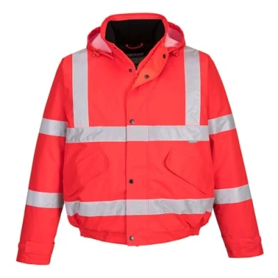 Image of Portwest S463 Men&#039;s Waterproof Hi Vis Bomber Jacket Winter Safety with Reflective Tape, Pockets and Hood Red, Large