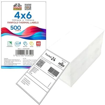 Image of Double Dragon, 500 Direct Thermal Fanfold Shipping Barcode Labels, 4x6 (100x150mm), Premium Coated Paper, Permanent Adhesive, for Zebra, MUNBYN, Rollo, TSC, Toshiba, Citizen, Label Printer [1 Stack]