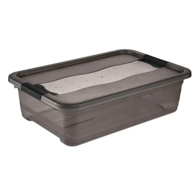 Image of keeeper Storage Box with Lid and Sliding Closing Mechanism, 28 L, Transparent, Crystal Grey