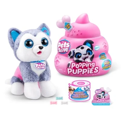 Image of Pets Alive Pooping Puppies, Husky, Real Pet Dog Puppy, Play Soft Toy, Developmental Nurturing Plush, Color Change Unboxing, Interactive Electronic Ages 3+ (Husky)