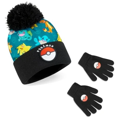 Image of Pokemon Beanie Hat and Gloves or Winter &amp; Scarf Set Kids Anime Gifts for Boys (Black/Blue 2 Pcs)