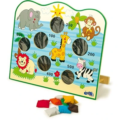 Image of small foot 7730 throwing board &quot;Africa&quot; made of wood, with colorful bags, has 6 throw holes and animal motifs, from 3 years on