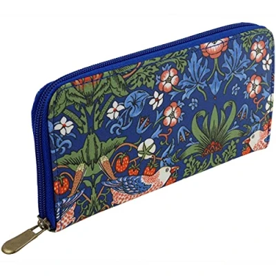 Image of Lesser &amp; Pavey 100% Laminated (Wipe Clean) Cotton Canvas Ladies Wallet Purse. (BLUE STRAWBERRY THIEF)