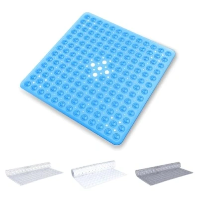 Image of Oxford Homeware Shower Bath Mat Non Slip Anti Mould Blue 53x53cm Square for Bathtub and Bathroom with Drain Holes Strong Suction Cups Machine Washable Mats