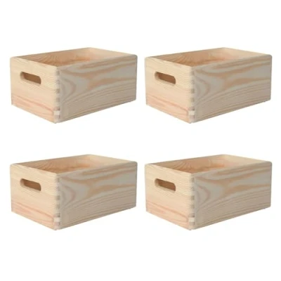 Image of Creative Deco 4 x Large Wooden Crate with Handles 30 20 14 cm (+/ 1 cm) Plain Unpainted Storage Box Natural Wood Crates for Kitchen Home Documents