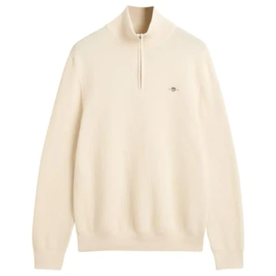 Image of Gant Mens Cotton Micro Textured Half Zip Jumper Cream Size X Large