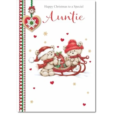 Image of doodlecards Auntie Christmas Card Two Cute Bears on Sled Medium Size for with Plain Envelope