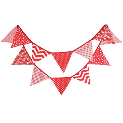 Image of G2PLUS Double Sided Fabric Bunting Banner, Two Layer Triangle Bunting, 3.3M with 12PCS Red Flower Pennants, Cotton Shabby Chic Garland for Bedroom Brithday Tea Party Decorations