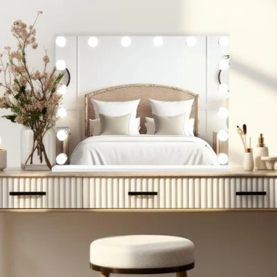 Image of Light Up Hollywood Mirror 80cm x 60cm 16 LED Vanity Makeup Table Wall Touch Screen 3 Colour Modes Bluetooth Speaker 2 Charging Ports USB A &amp; C Microfibre Cleaning Cloth 10 Magnification