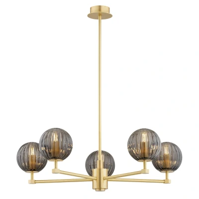 Image of Paloma Multi Arm Pendant Ceiling 5 Light Smoky (Fluted), Brushed Brass