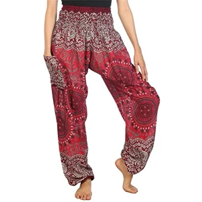 Image of Lofbaz Harem Pants for Women Hippie Boho Festival Clothing Bohemian Trousers Yoga Beach Summer Smocked Waist with Pockets Rose 2 Burgundy L
