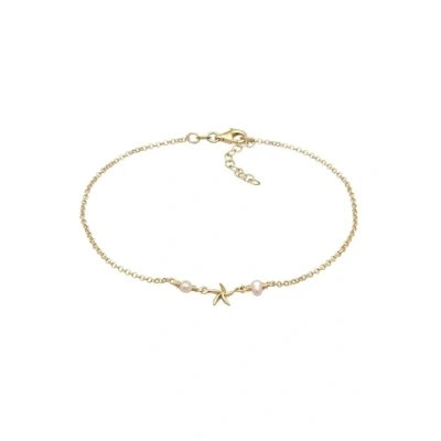 Image of Elli Women&#039;s 925 Sterling Silver Gold Plated Starfish Beach Beads Pearl Anklet 22cm length