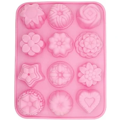 Image of Selecto Bake 12 Cavity Silicone Mould, 3D Flower Heart Fruit Star Shaped Bakeware Mold Cake Baking Tray for DIY Dessert Cupcake Pudding Jelly Chocolate Candy Soap