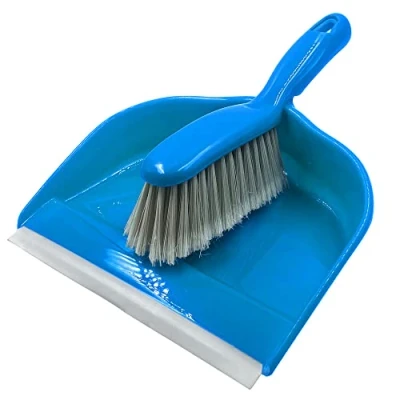 Image of Colour Coded Dustpan and Brush Sets 22cm Wide Plastic with Rubber Lip, Soft Bristle Hand Pan for Domestic Commercial Use (Blue)