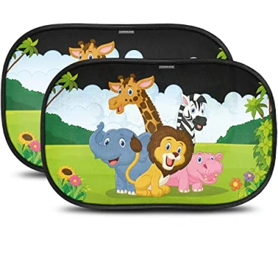 Image of Car sunshade with optidark protection suction cup, for sun babies and pets, 2 baby sunshades Safari Animals