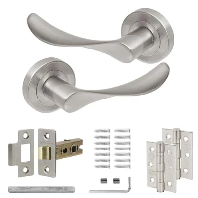 Image of Decoranddecor Brushed Chrome Door Handle Levers Aluminium Alloy Handles Lever with Fixings and Accessories (Latch Hinge Kit)