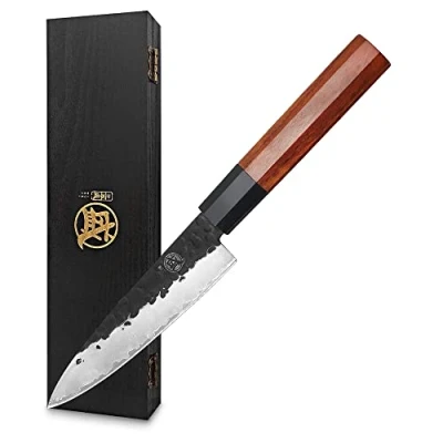 Image of MITSUMOTO SAKARI Professional Small Kitchen Chef Knife, Japanese Hand Forged Paring 5.5 inch High Carbon Steel Fruit and Vegetable Knife (Rosewood Handle &amp; Sandalwood Box)