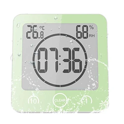 Image of ALLOMN Bathroom Clock, LCD Digital Shower Clock Alarm Waterproof Touch Control ℃/℉ Temperature Humidity, Count Down Timer, 3 Mounting Methods, Battery Power (Green)