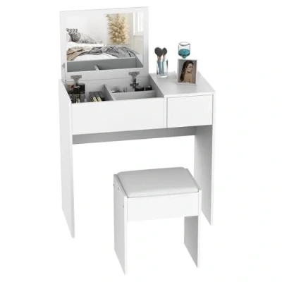 Image of HOMCOM Makeup Desk with Drawer, Vanity Table Set Flip up Mirror and Cushioned Stool, White