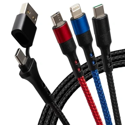 Image of Maplin USB A &amp; C to 3 in 1 Multi Charging Cable Lightning Micro B 60W Braided 1.2m, for iPhones, iPads, Android phones inc Samsung S7/S6/S5, Sony, Huawei, PS4, HTC, Kindle, Cameras