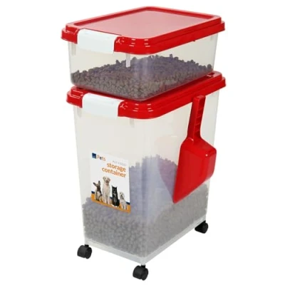 Image of Taylor &amp; Brown 3 Piece Airtight Pet Food Storage Container With Plastic Measuring Scoop Treats For Dog Cat Animal Dry Dispenser Casters, Red