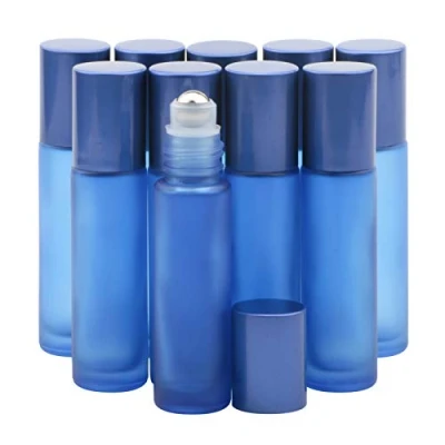 Image of Rowiz 10PCS 10ml Essential Oil Roller Bottles Small Roll on Bottle Blue Frosted Glass Leakproof With Stainless Steel Balls And Screwcap For Perfume, Travel