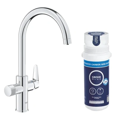 Image of GROHE Blue Pure StartCurve Starter Kit for Filtered Water (Kitchen Sink Tap, High C Shape, 150 Swivel Spout, Under Activated Carbon Filter Set, Tails 3/8 Inch), Size 411 mm, Chrome, 30593000