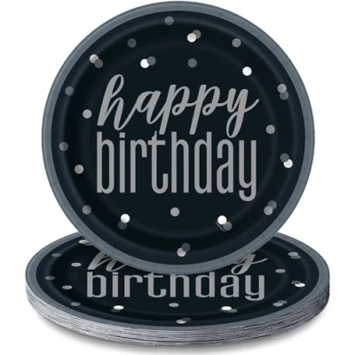 Image of Unique Party 83587 Black Birthday Round Dinner Plates, 9&quot; Disposable 8 Pcs, Happy, Count (Pack of 1)