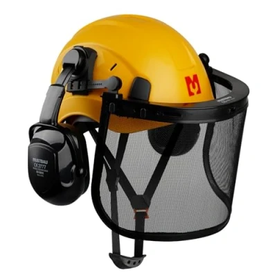 Image of Mustbau Chainsaw Safety Helmet, Protective Helmet with Earmuffs and Mesh Visor, 53 to 63 cm Adjustable Headband Suitable for Forestry, Construction, Work