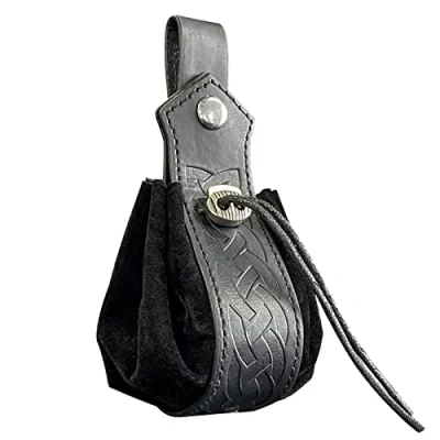 Image of HiiFeuer Medieval Faux Leather Drawstring Pouch, Retro Nordic Portable Coin Purse, Vintage Belt Pouch Dice Bag for LARP Ren Faire(Black A)