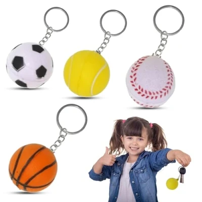Image of 4x Sports Ball Keychains Set, Basketball, Tennis, Baseball, Football Key Chains, Stress Keyring Party Bag Fillers, Novelty Toy Gift for Kids and Adults