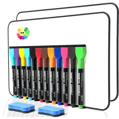 Image of A4 Small Whiteboard Set 2, Mini Magnetic Double Sided 21 X 30 cm Dry Erase White Board, Including 12 Wipe Boards Pens and 2 Eraser, for Writing Drawing School Home Classroom Office Use