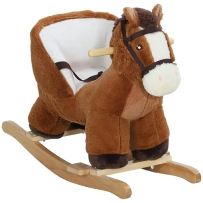 Image of AIYAPLAY Kids Rocking Horse, Plush Ride on with Sound, Wood Base, Seat Safety Belt, for Ages 18 36 Months, Brown