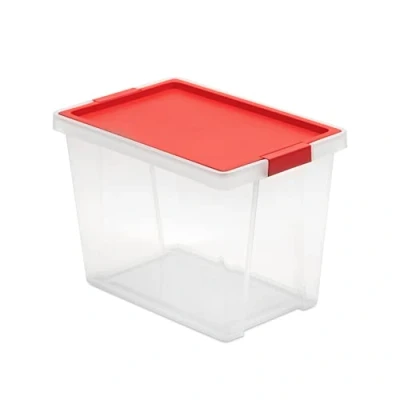 Image of TATAY Storage Box with Lid, 15L Capacity, Handles, Recycled PP Transparent, BPA Free, Red. Measures 25 x 36 26 cm