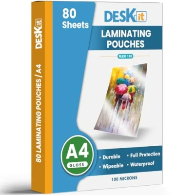Image of Deskit Laminating Pouches A4, Gloss, 80 Sheets, 100 Microns Clear and Durable Presentations Ideal Rigidity for Everyday Use