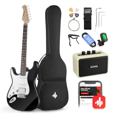 Image of Donner 39 Inch Left Handed Electric Guitar Kit Solid Body Black Lefty Beginner Set Full Size with Amplifier Online Lesson Bag Digital Tuner Capo Strap String Cable Picks DST 100BL