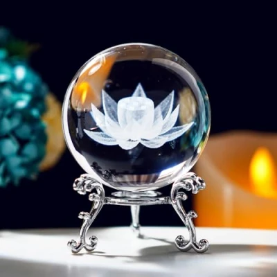 Image of HDCRYSTALGIFTS 3D Carving Lotus Crystal Ball Glass Sphere Display Paperweight with Sliver Plated Flowering Stand,2.4inch(60mm)