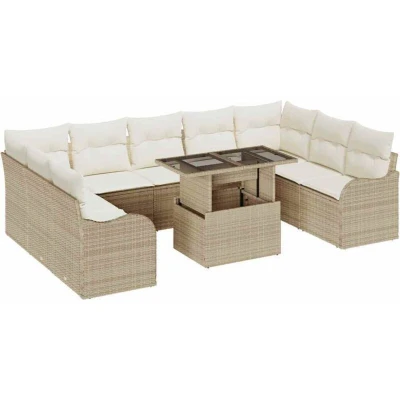 Image of vidaXL 10 Piece Garden Sofa Set with Cushions Beige Poly Rattan