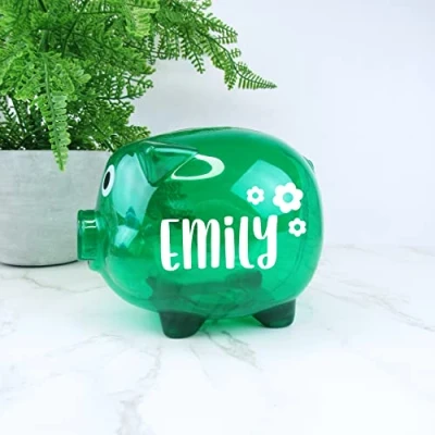 Image of eBuyGB Personalised Transparent Plastic Piggy Bank, Kids Money Box, Saving Jar Keepsake for Children, Novelty Gift (Green)