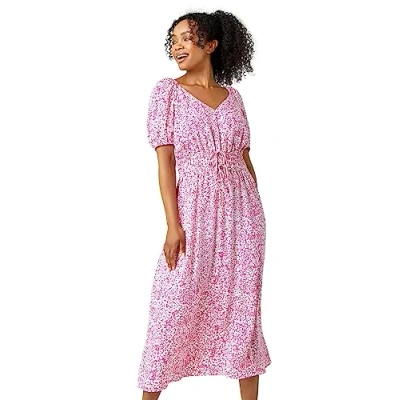 Image of Roman Petite Ditsy Floral Stretch Midi Dress for Women UK Ladies Everyday Holiday Spring Summer V Neckline Comfy Soft Evening Vacation Work Party Pink Size 18