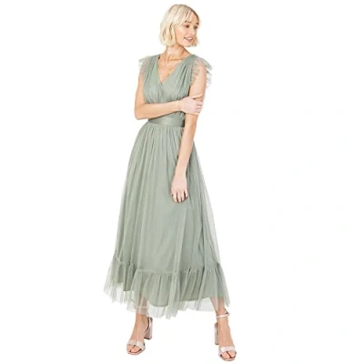 Image of Anaya with Love Ladies Midaxi Dress for Women V Neckline Sleeveless Frilly Wedding Guest Bridesmaid Prom Long High Empire Waist Tiered Frosty Green Size 18