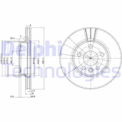 Image of 7M0615301 Brake disc DELPHI BG3025 288mm 25mm 5 Vented Oiled Untreated VOLKSWAGEN: Sharan I, FORD: Galaxy Mk1 MPV, SEAT: Alhambra I