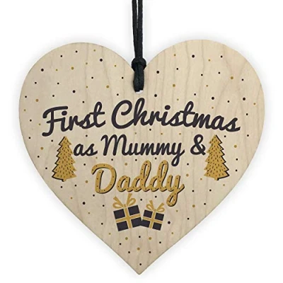 Image of RED OCEAN First 1st Christmas As Daddy Mummy Tree Decoration Bauble Handmade Wooden Heart Gift For Dad Mum Keepsake