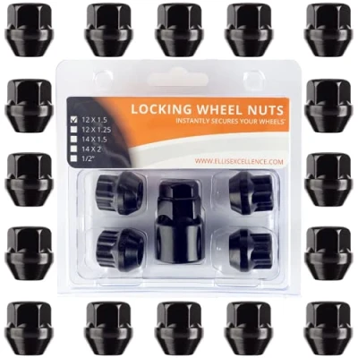 Image of Ellis Excellence Set of 16 Alloy Wheel Nuts, Plus 4 Locking Tapered &amp; Open Ended, Compatible With Ford, M12 x 1.5 (Black)
