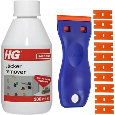Image of Sticky Stuff Remover with Amara Plastic Scraper &amp; 10 Blades HG Sticker 300ml Remover, Label Adhesive Glue and Car