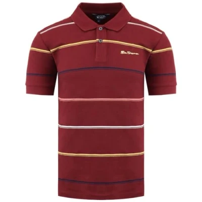 Image of Ben Sherman Short Sleeve Collared Stripped Burugndy Mens Polo Shirt 0074695 035 Burgundy