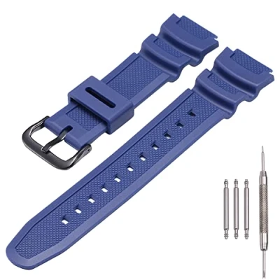 Image of MCXGL Natural Resin Replacement Watch Band Compatible with Casio AE 1200 SGW 300H MRW 200H W 735H Waterproof Rubber strap (Dark blue black buckle)