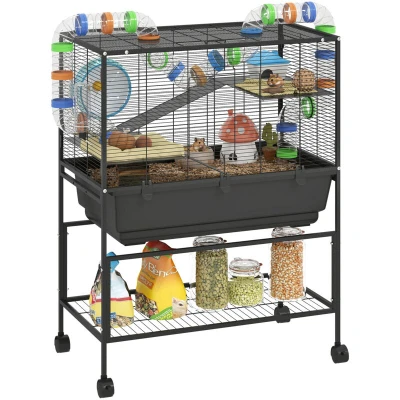 Image of PawHut Hamster Cage with 17 cm Deep Tray, 3 Tier Large Gerbil on Wheels Storage Shelf, Big Exercise Wheel, Tube System, Hut, Platforms, Ramps, Food Dish, Water Bottle, for Syrian, Rats